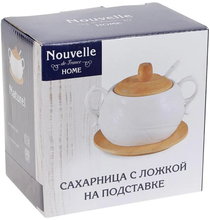 Сахарниця порцелянова Nouvelle Home 400 мл з бамбуковою кришкою та підставкою біла