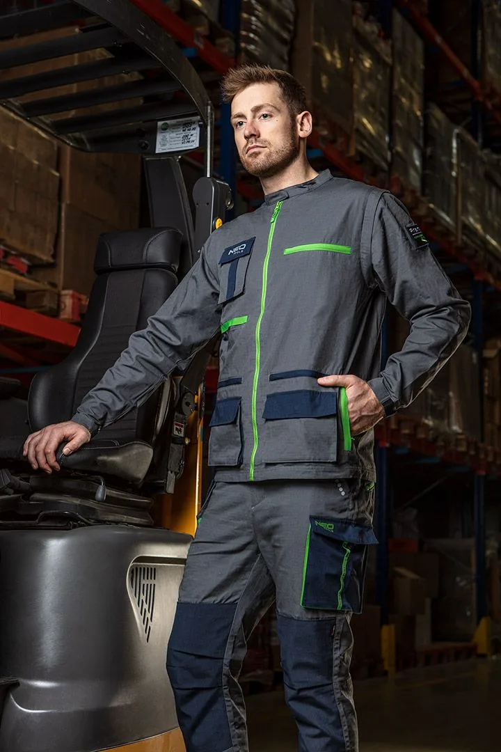 Робочі штани Neo Tools Premium, 100% бавовна, Ripstop, з посиленням Cordura, XS (46), сірий з синім.