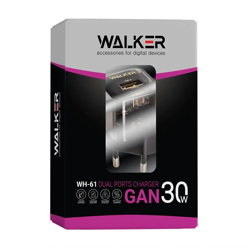 Мережевий зарядний пристрій WALKER PC 31,5х31,5х33 прозорий 30W GaN