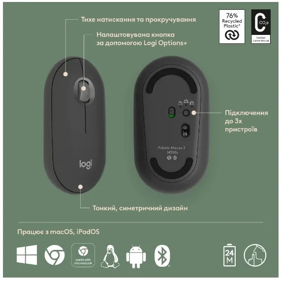 Миша Logitech Bluetooth оптична маленька темно-сіра