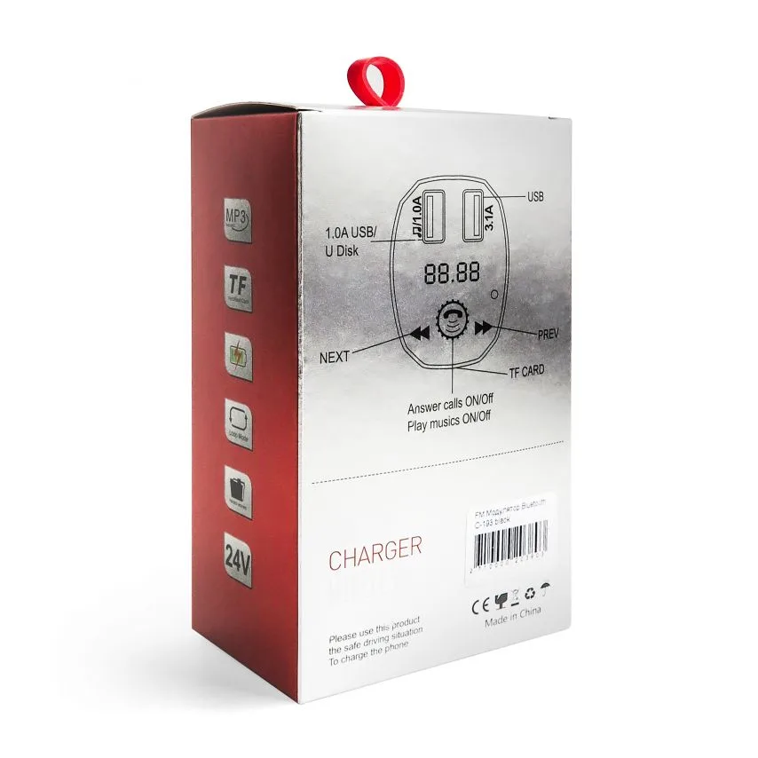 FM-трансмітер Bluetooth пластик чорний 4 порти 2 USB 3,1А