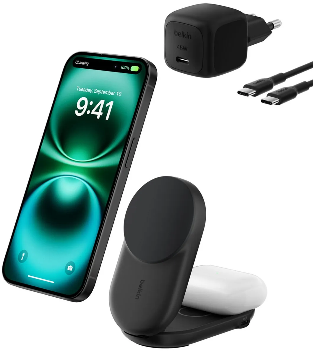 Зарядний пристрій бездротовий Belkin UltraCharge 2в1 Foldable Magnetic Charging 25Вт, чорний