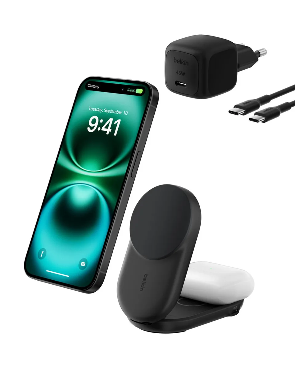 Зарядное устройство беспроводное Belkin UltraCharge 2в1 складное магнитное зарядное 25Вт, черное.