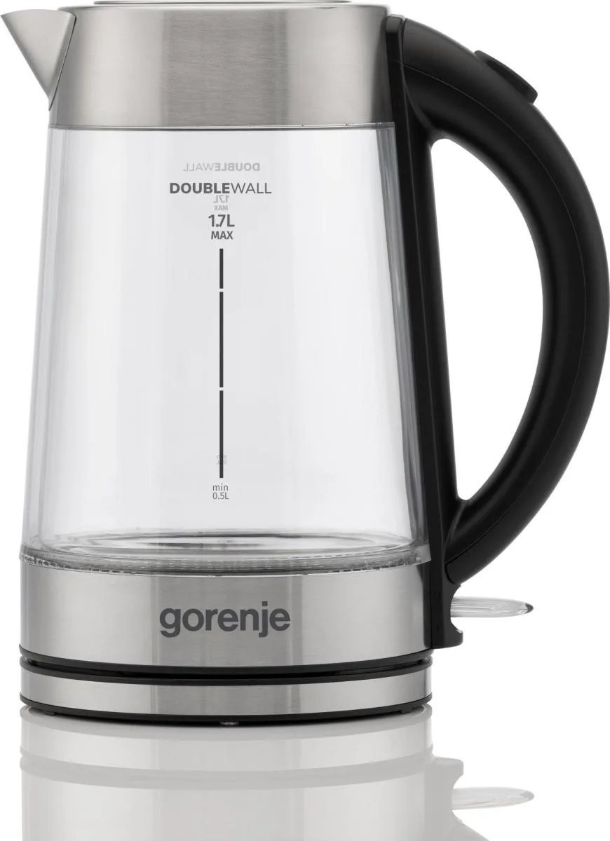 Електричний чайник Gorenje 1.7л, 2200 Вт, з контролем Strix, скляний, нержавіюча сталь.