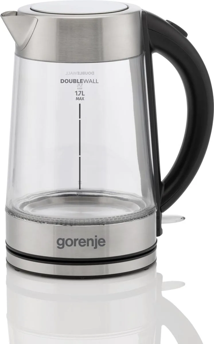 Електричний чайник Gorenje 1.7л, 2200 Вт, з контролем Strix, скляний, нержавіюча сталь.