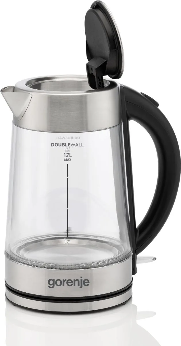 Електричний чайник Gorenje 1.7л, 2200 Вт, з контролем Strix, скляний, нержавіюча сталь.