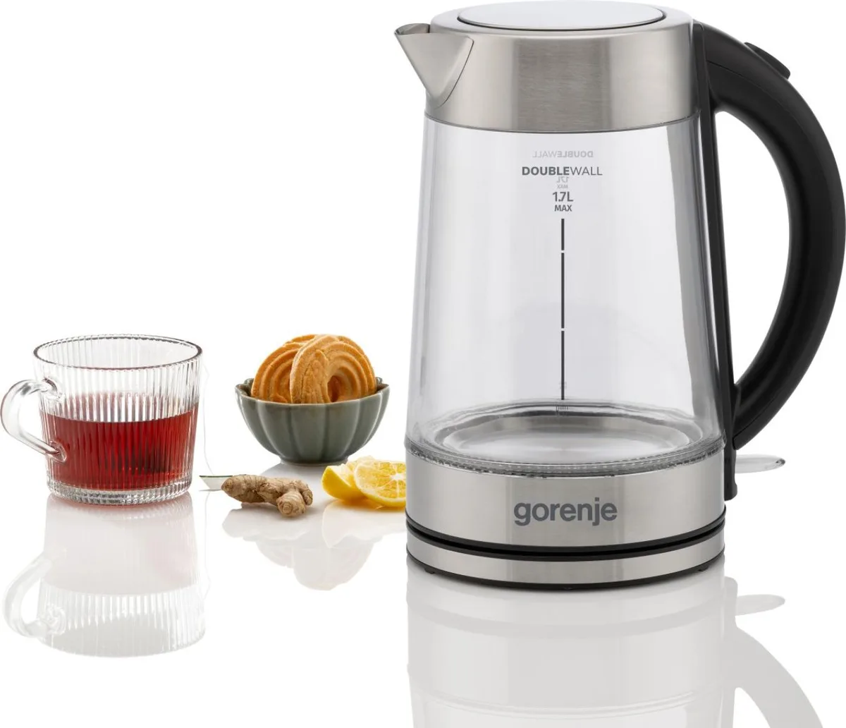 Електричний чайник Gorenje 1.7л, 2200 Вт, з контролем Strix, скляний, нержавіюча сталь.