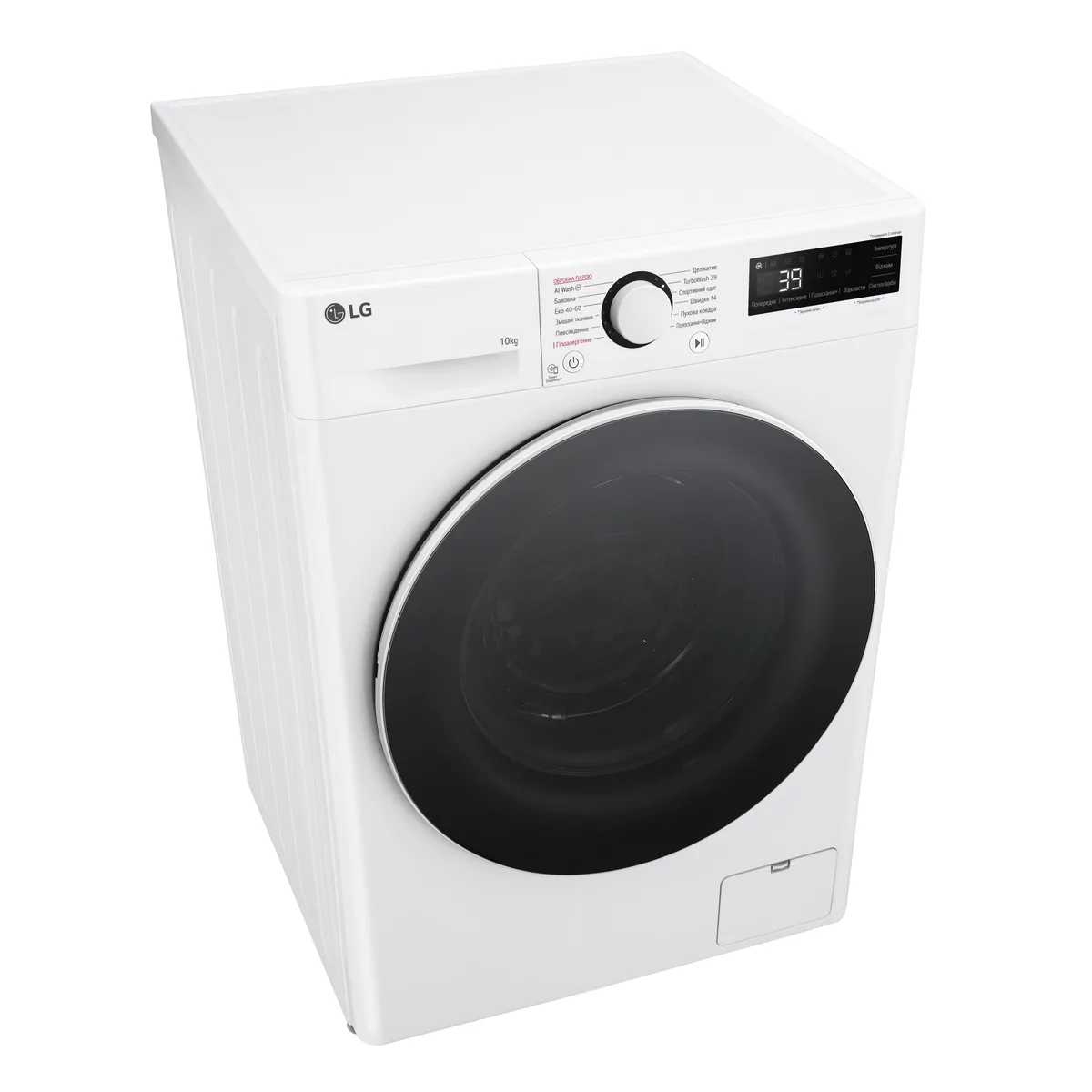 Стиральная машина LG фронтальной загрузки, 10 кг, 1400 об/мин, класс энергопотребления A, ширина 57 см, с дисплеем, функцией пара, инверторный двигатель, белый цвет