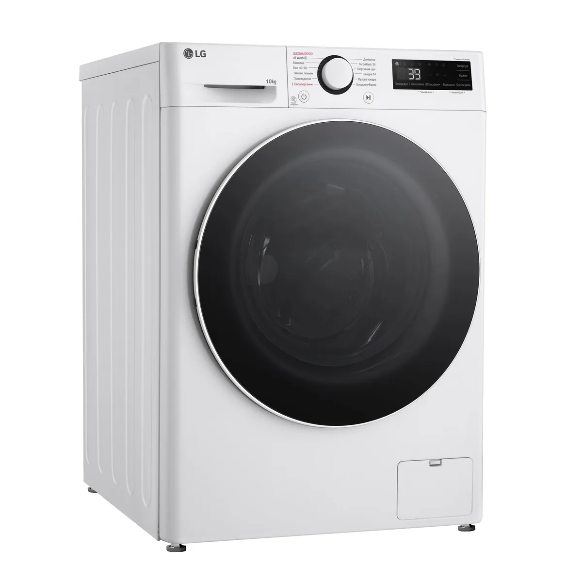Стиральная машина LG фронтальной загрузки, 10 кг, 1400 об/мин, класс энергопотребления A, ширина 57 см, с дисплеем, функцией пара, инверторный двигатель, белый цвет