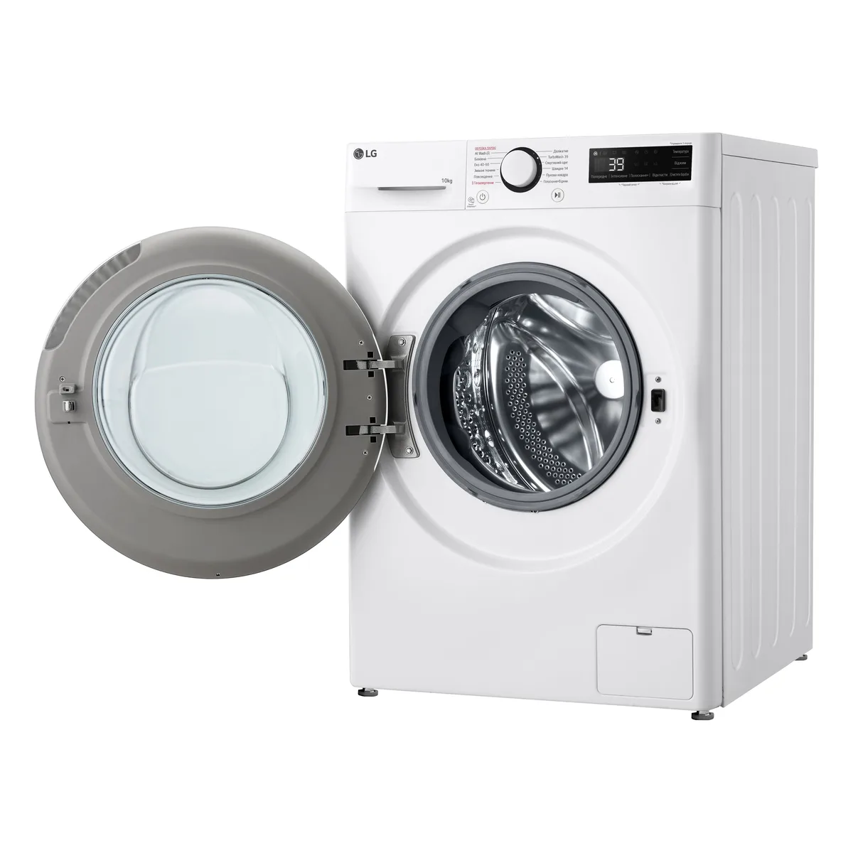 Стиральная машина LG фронтальной загрузки, 10 кг, 1400 об/мин, класс энергопотребления A, ширина 57 см, с дисплеем, функцией пара, инверторный двигатель, белый цвет