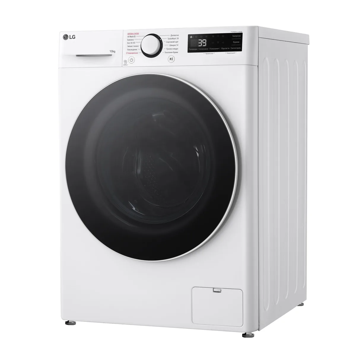 Стиральная машина LG фронтальной загрузки, 10 кг, 1400 об/мин, класс энергопотребления A, ширина 57 см, с дисплеем, функцией пара, инверторный двигатель, белый цвет