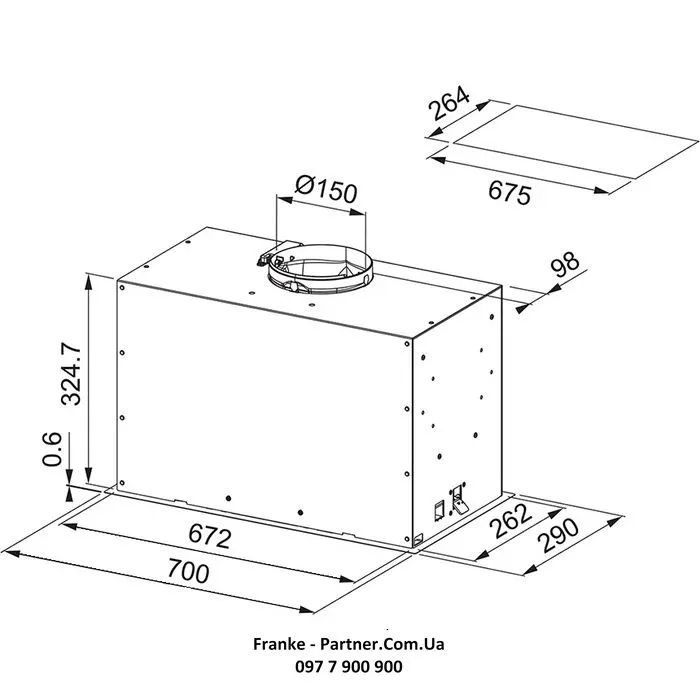 Вбудована витяжка Franke 70 см, 1120 м3/год, Box Flush Evo FBFE BK MATT A70, чорного кольору.