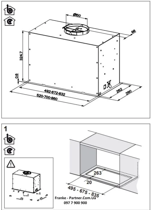 Вбудована витяжка Franke 70 см, 1120 м3/год, Box Flush Evo FBFE BK MATT A70, чорного кольору.