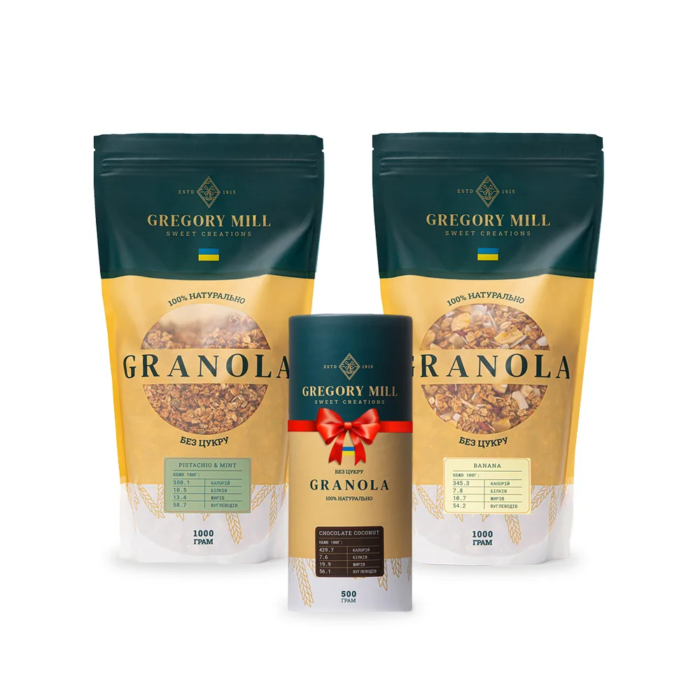 Набір граноли Pistachio & Mint, Banana 2 кг & Chocolate Coconut 500г у подарунок Gregory Mill