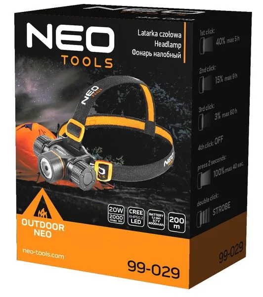 Налобный фонарь аккумуляторный/батарейки Neo Tools, 4000мА·ч или ААх3, 2000лм, 20Вт, 5 функций освещения, IPX4.