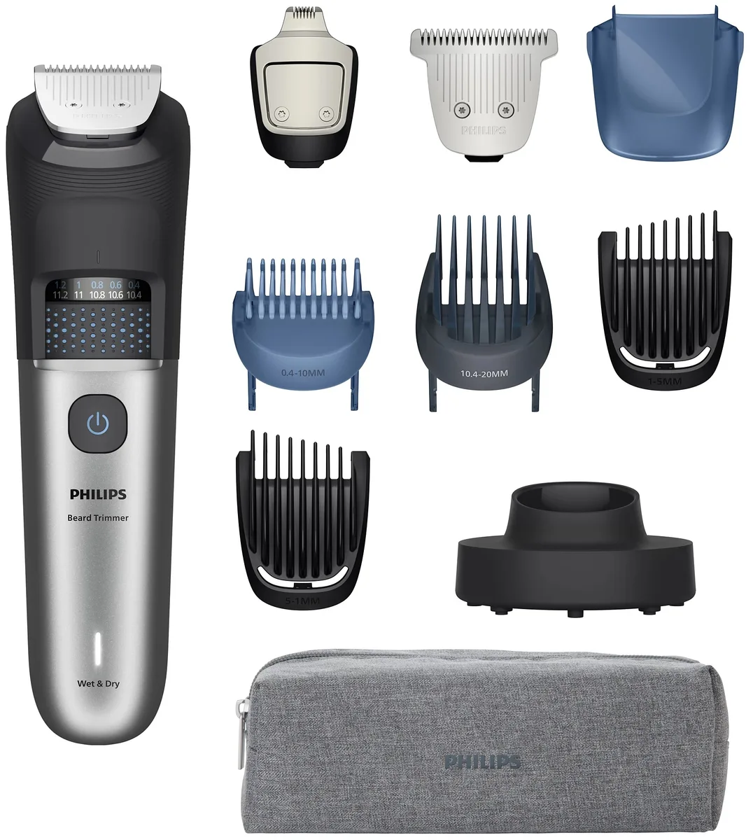 Тример Philips Series 7000 для бороди та вусів, акумуляторний, з нержавіючої сталі, чорний та сріблястий.