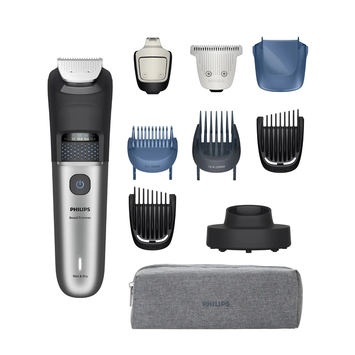 Тример Philips Series 7000 для бороди та вусів, акумуляторний, з нержавіючої сталі, чорний та сріблястий.