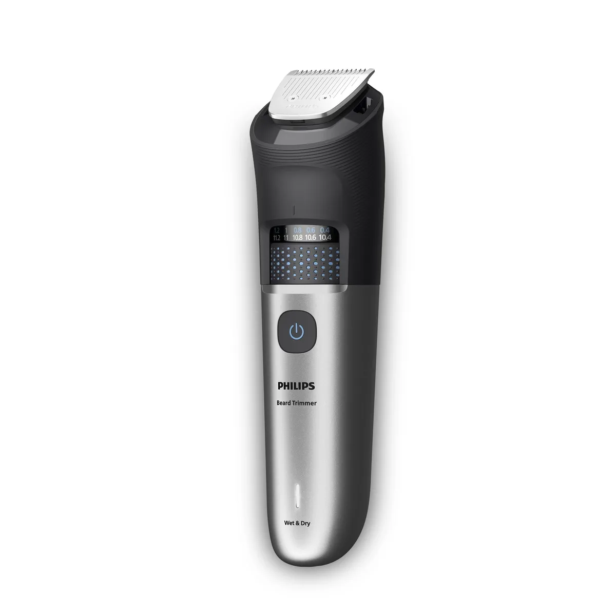 Тример Philips Series 7000 для бороди та вусів, акумуляторний, з нержавіючої сталі, чорний та сріблястий.