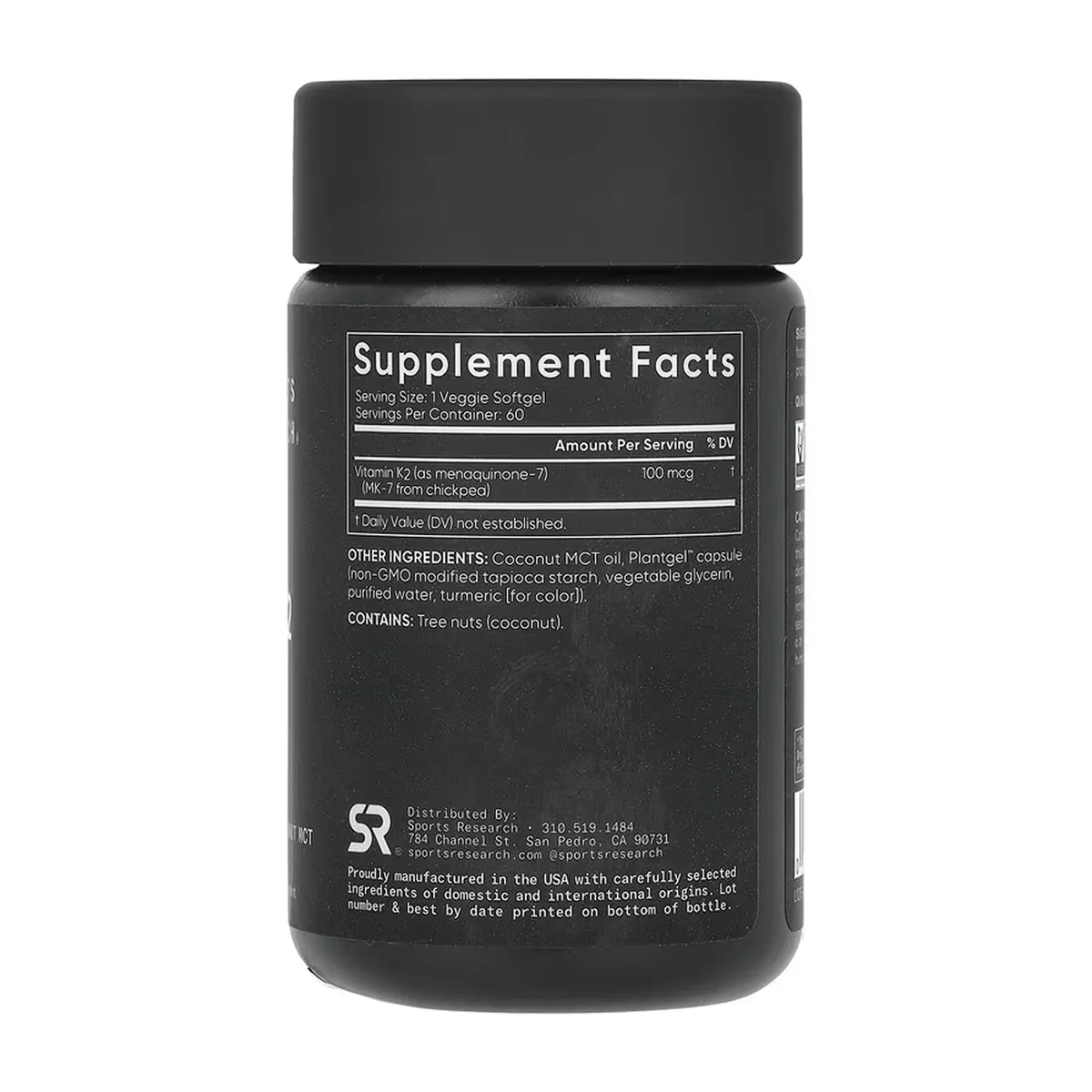 Вітамін K2 Sport Research 100 мкг 60 вегетаріанських м'яких капсул без глютену з кокосовим MCT