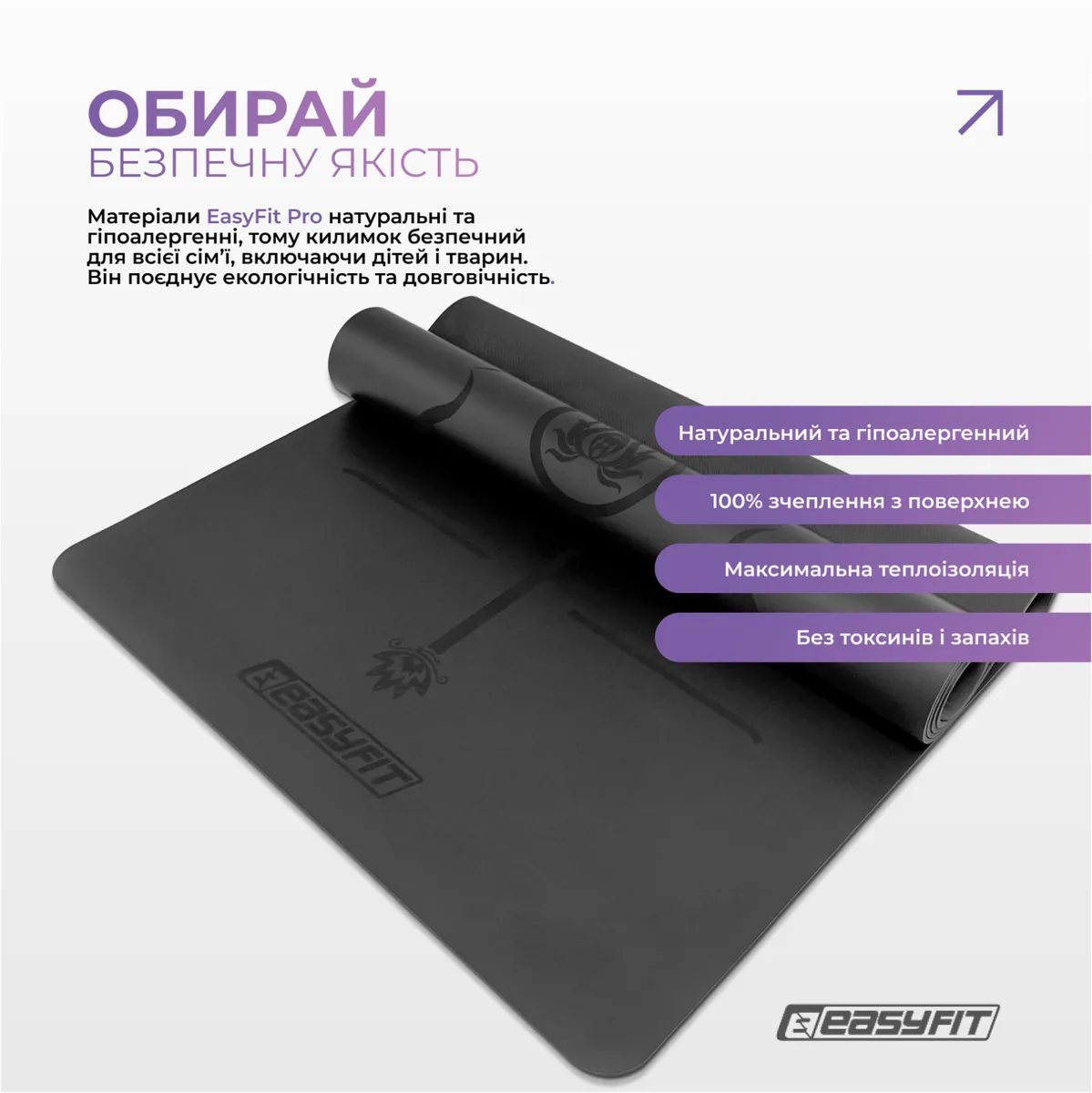 Килимок для йоги EasyFit каучук 5 мм Чорний 184х68 см