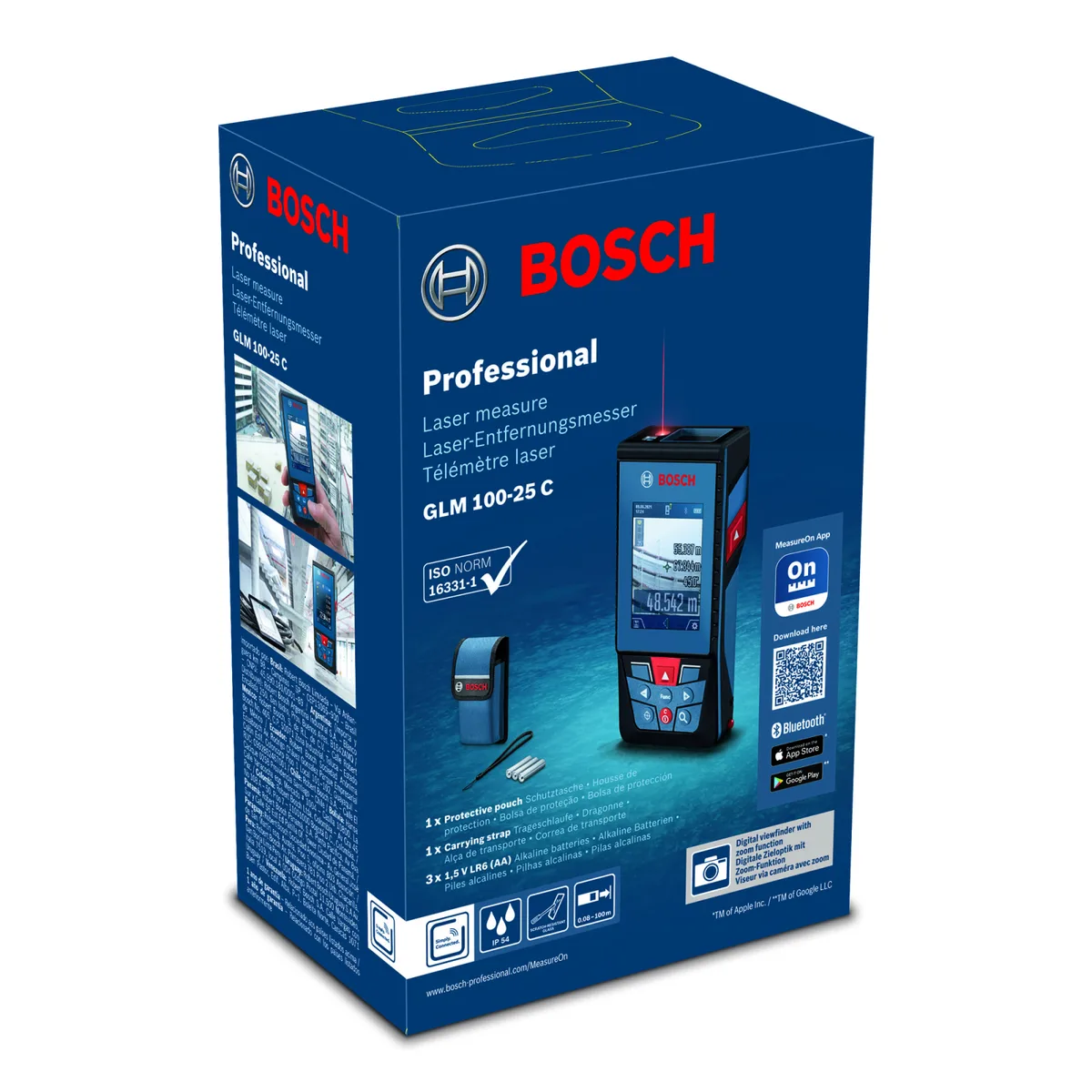 Лазерний далекомір Bosch Professional GLM 100-25 C, діапазон 0.08–100м, точність ±1.5мм, 360°, з Bluetooth та чохлом, вага 0.23кг.