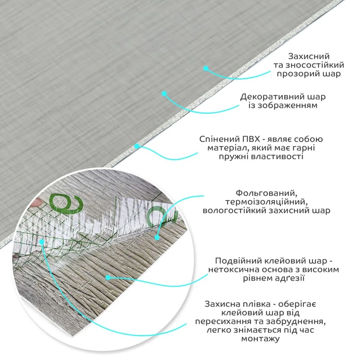 Самоклеюча вінілова плитка 600x3000x2 мм Світло-сірий PVC 1,8 м²