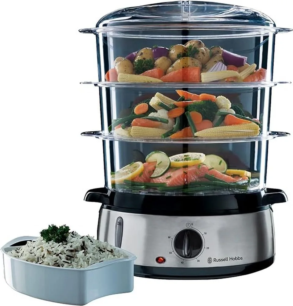 Пароварка Russell Hobbs CookHome 800Вт, триступенева, об'єм чаші 3 літри, резервуар для води 1 літр, механічне управління.