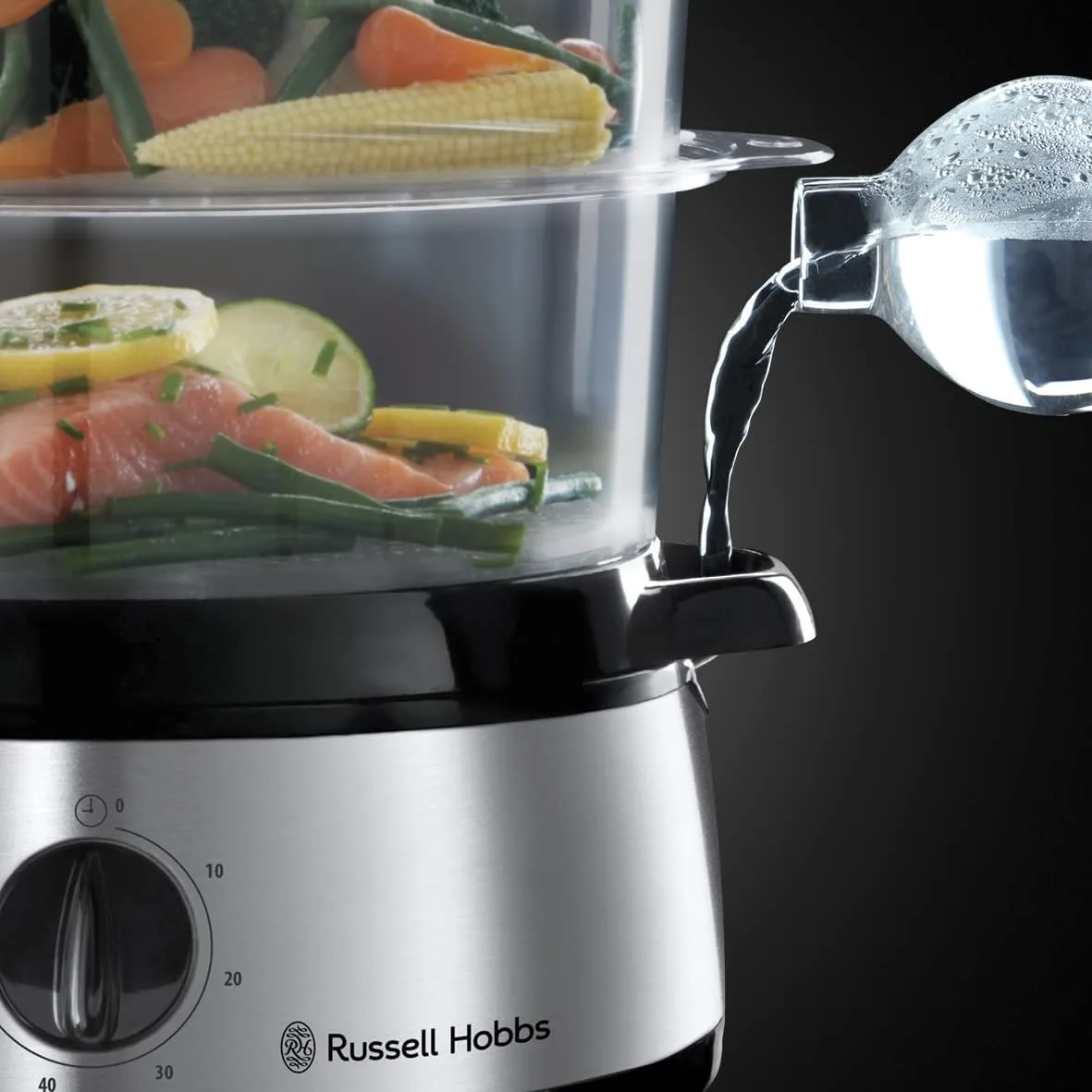 Пароварка Russell Hobbs CookHome 800Вт, триступенева, об'єм чаші 3 літри, резервуар для води 1 літр, механічне управління.