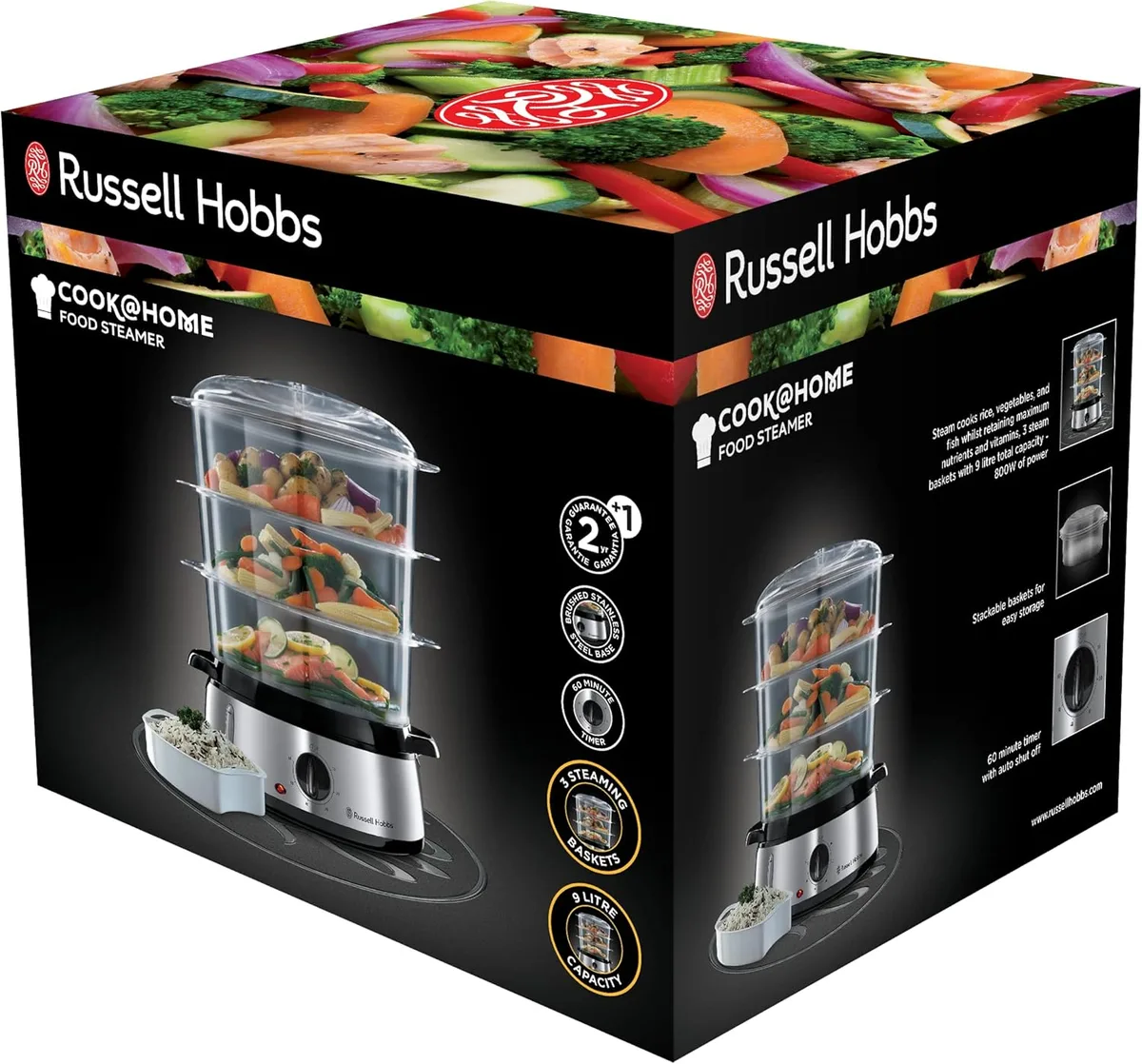 Пароварка Russell Hobbs CookHome 800Вт, триступенева, об'єм чаші 3 літри, резервуар для води 1 літр, механічне управління.