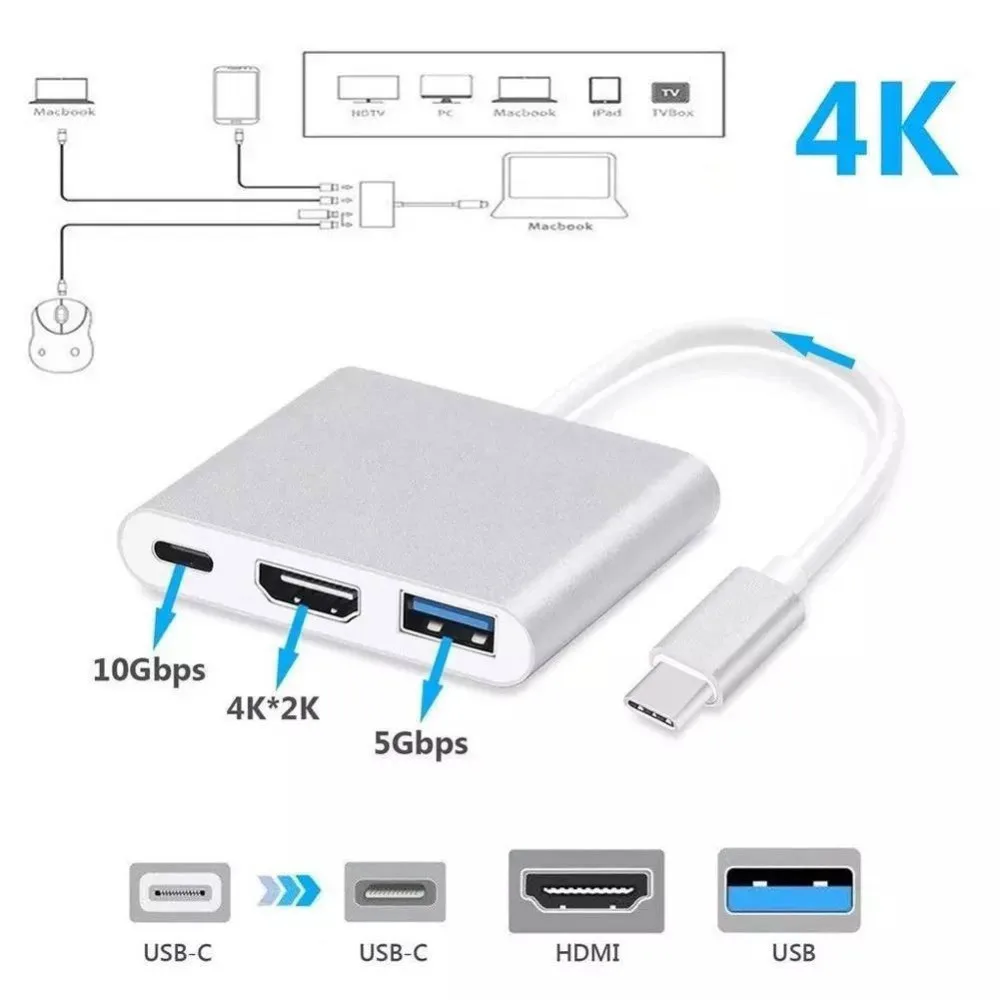 Хаб адаптер Type-C в HDMI 4K 30Hz алюмінієвий сплав 109х28,8х11,6 мм сріблястий