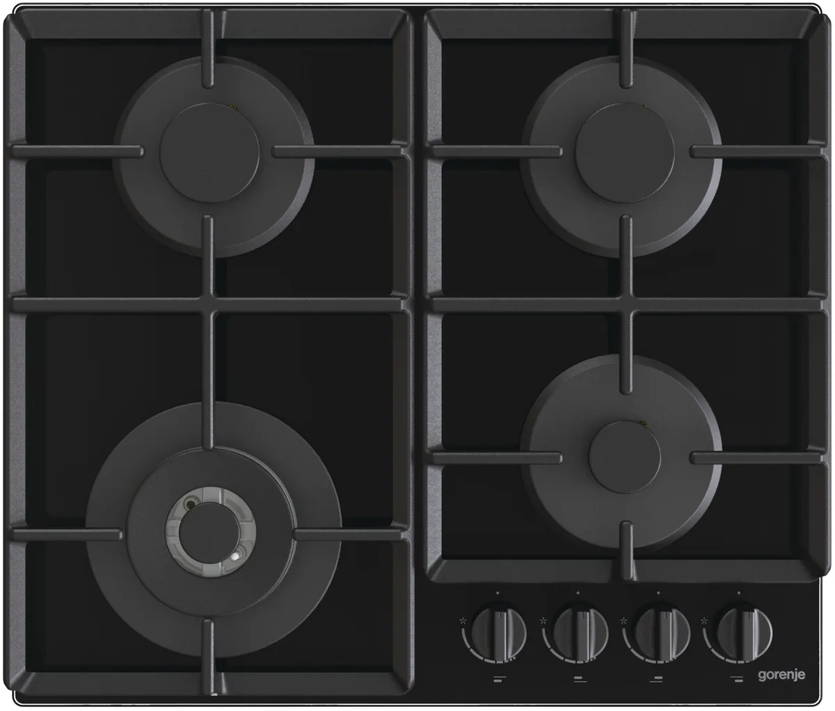 Газова варильна панель Gorenje на скляній основі, 60 см, з чавунними решітками, чорного кольору.