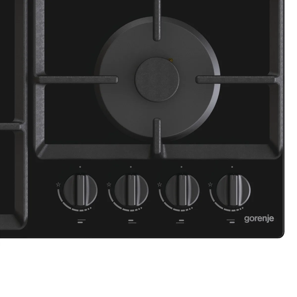 Газова варильна панель Gorenje на скляній основі, 60 см, з чавунними решітками, чорного кольору.