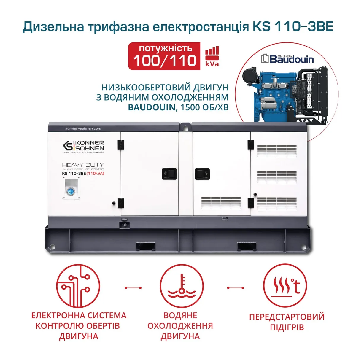 Дизельный генератор KonnerSohnen KS 110-3BE, 230/400В, 100кВА, трехфазный, с электрическим запуском и предстартовым подогревом