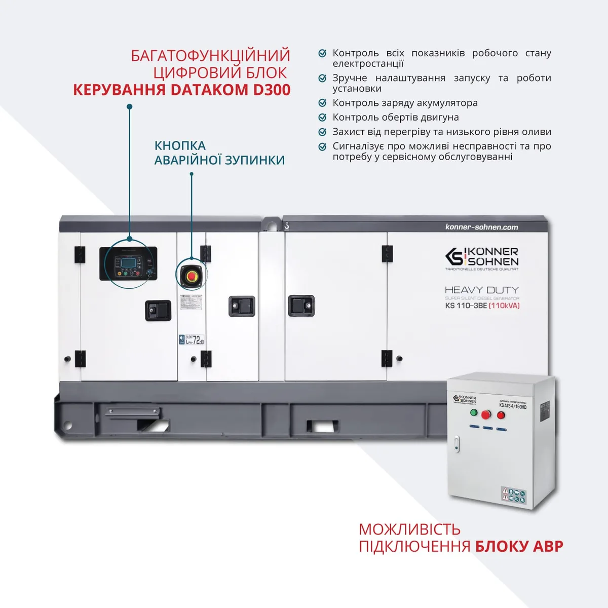 Дизельный генератор KonnerSohnen KS 110-3BE, 230/400В, 100кВА, трехфазный, с электрическим запуском и предстартовым подогревом