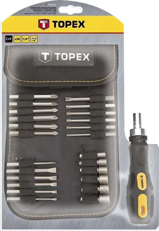 Биты TOPEX, 1/4", битодержатель, торцевые головки 6шт, SL, PH, PZ, T, CrV, набор 26шт
