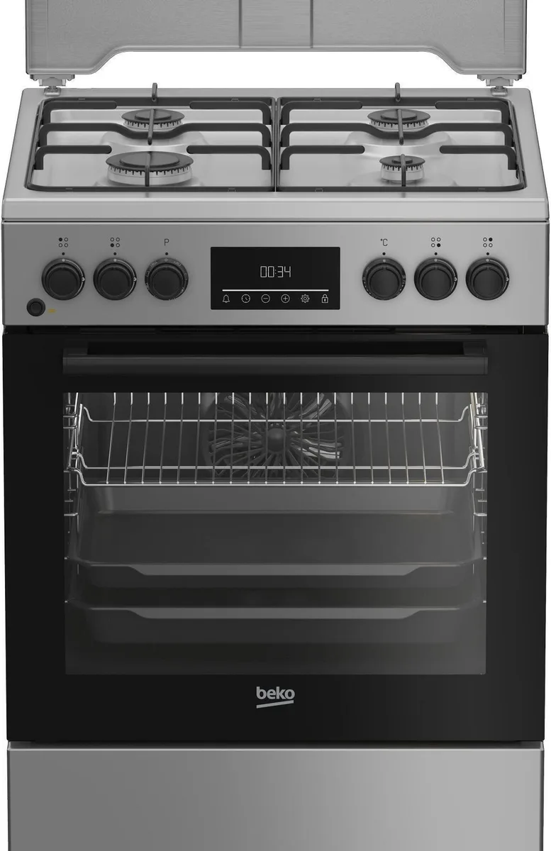 Комбінована плита Beko, 72 л, 60x60 см, з дисплеєм, конвекція, сірого кольору.