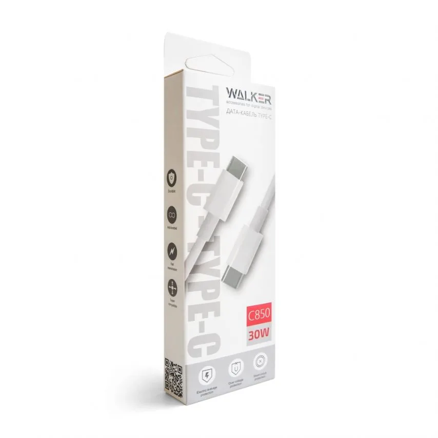 Кабель USB WALKER PVC 1м Type-C to Type-C белый 30W Quick Charge