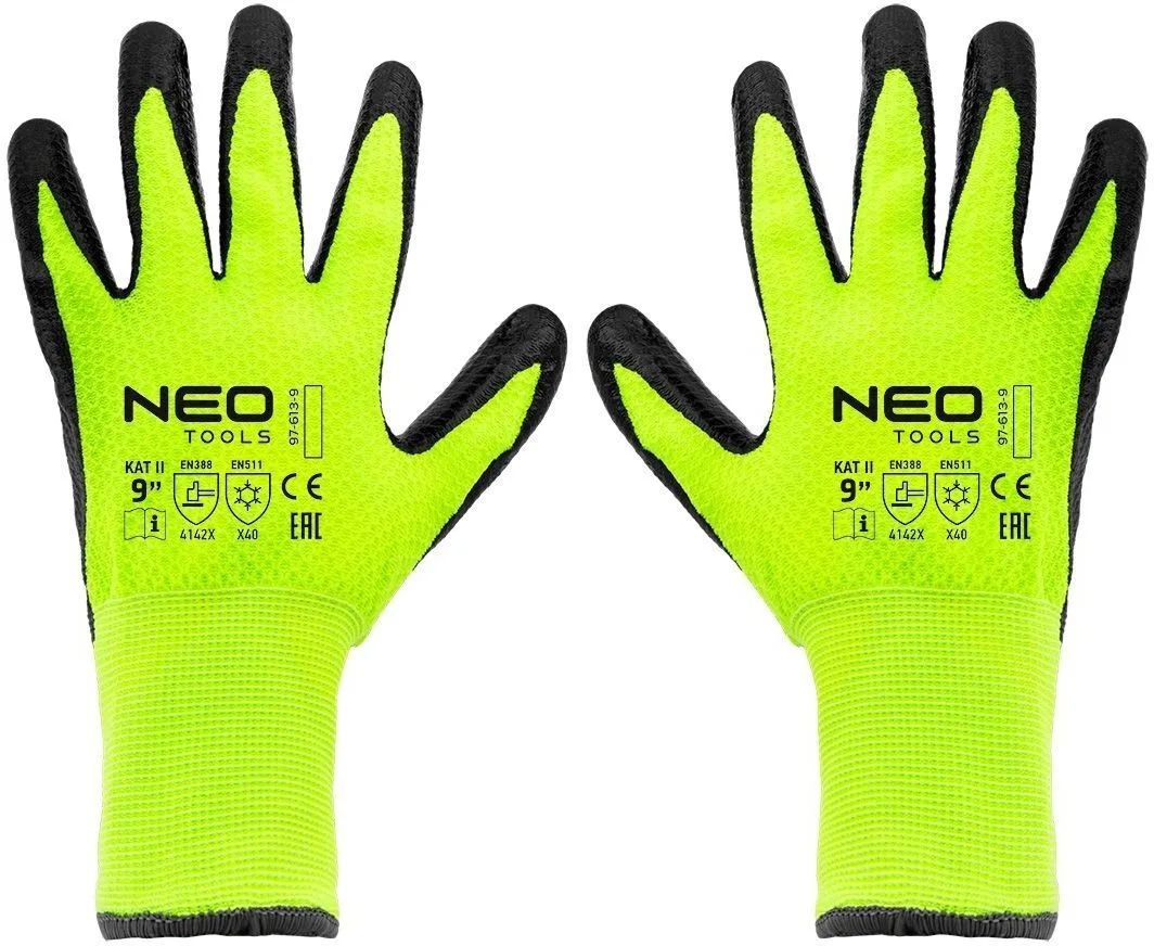 Утепленные рабочие перчатки Neo Tools с латексным покрытием, полиэстер, размер 9, зелено-черные.