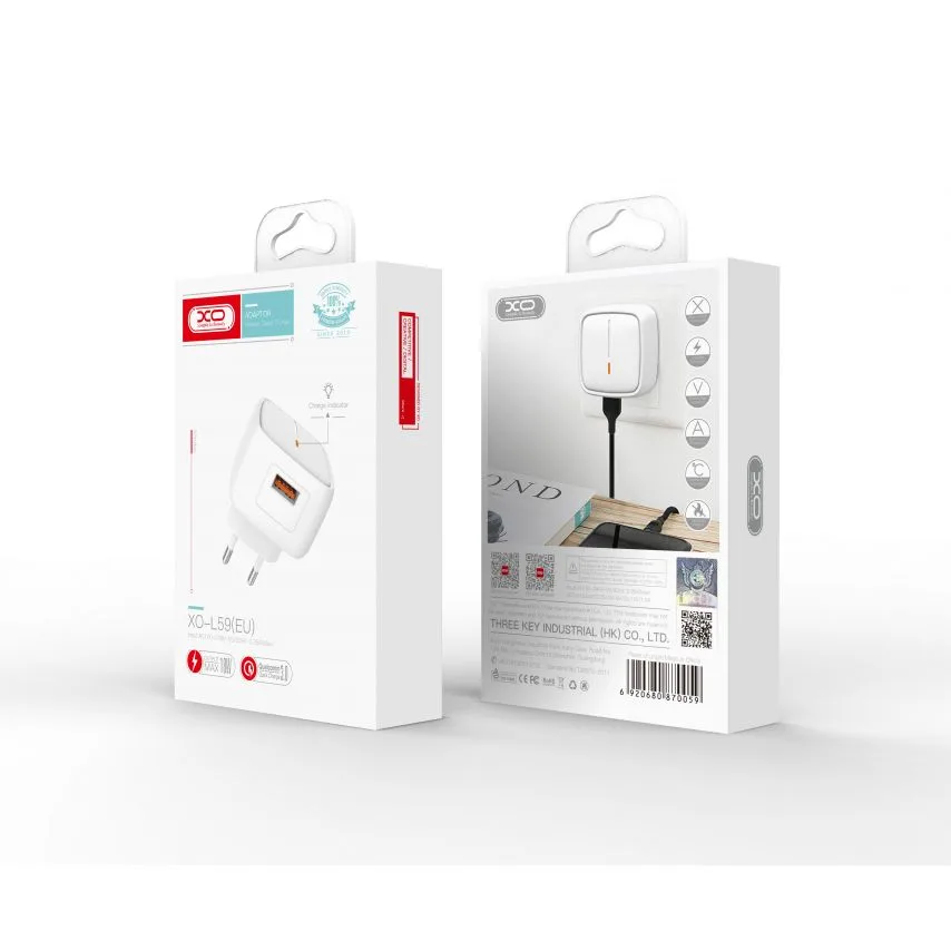 Зарядний пристрій XO 1USB 18W 3A Quick Charge білий з кабелем USB to Lightning 1м