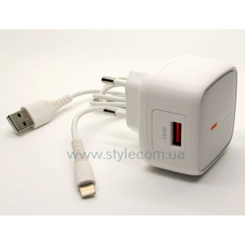 Зарядний пристрій XO 1USB 18W 3A Quick Charge білий з кабелем USB to Lightning 1м