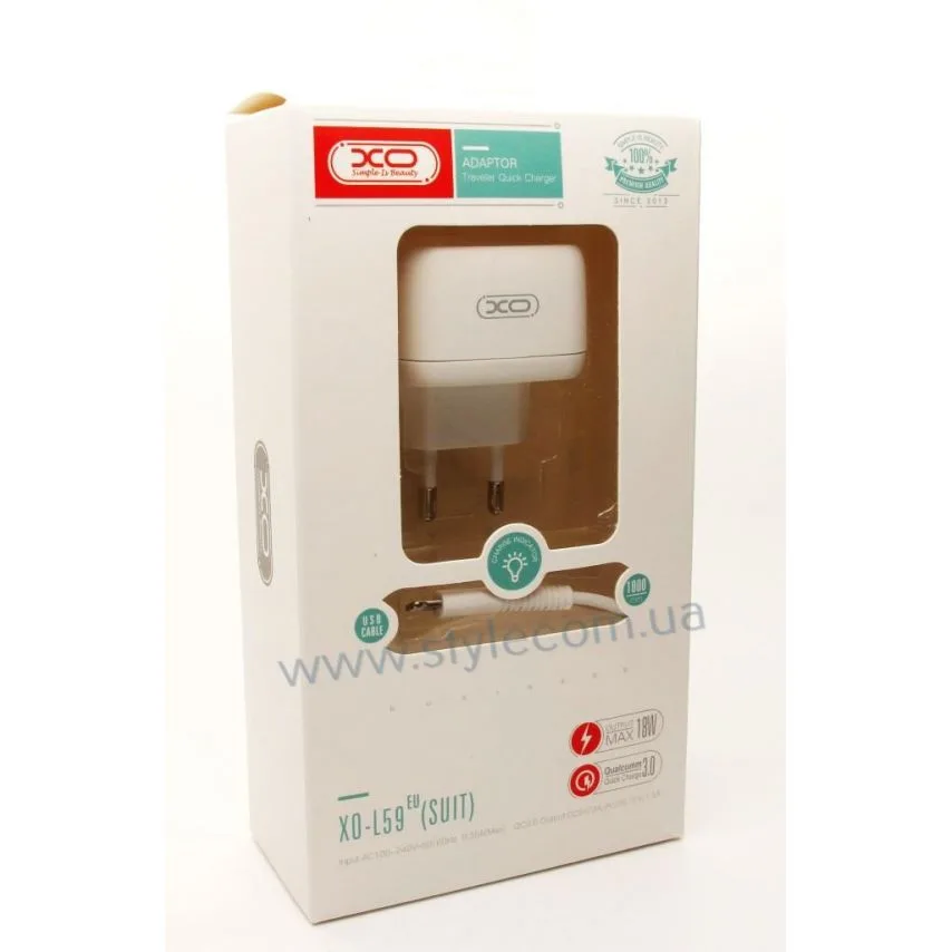 Зарядний пристрій XO 1USB 18W 3A Quick Charge білий з кабелем USB to Lightning 1м