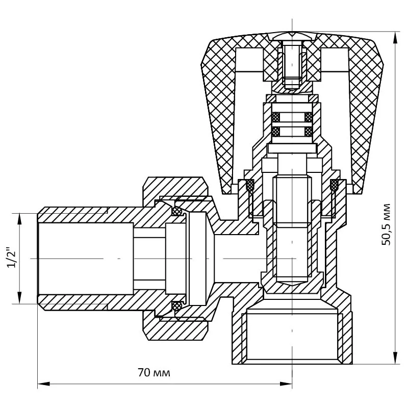 Вентиль радиаторный угловой 1/2" CW617N хромированный до 100°C латунь