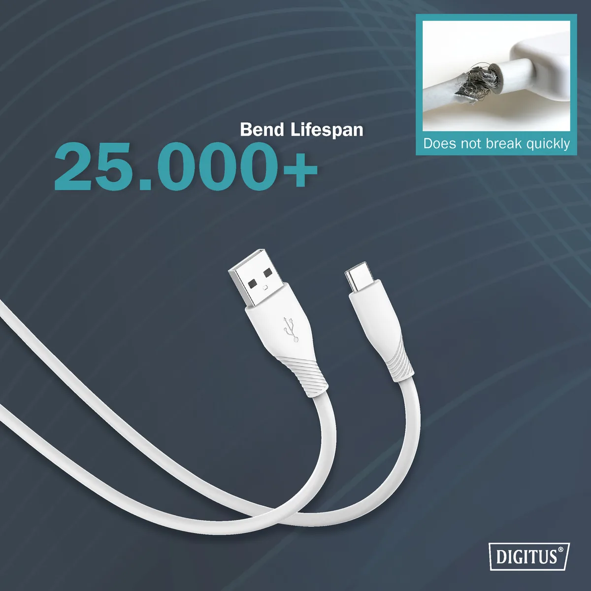 Кабель DIGITUS USB-A > USB-C заряджання/синхронізації, USB 2.0, 60W, силіконовий, 1м, білий