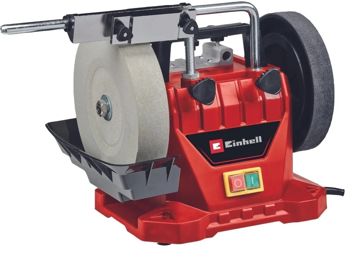 Верстат для вологого заточування Einhell TC-WG 200, потужність 125Вт, диск 200х32мм, шкіряний диск 180х30мм, 110 об/хв, вага 7.33к