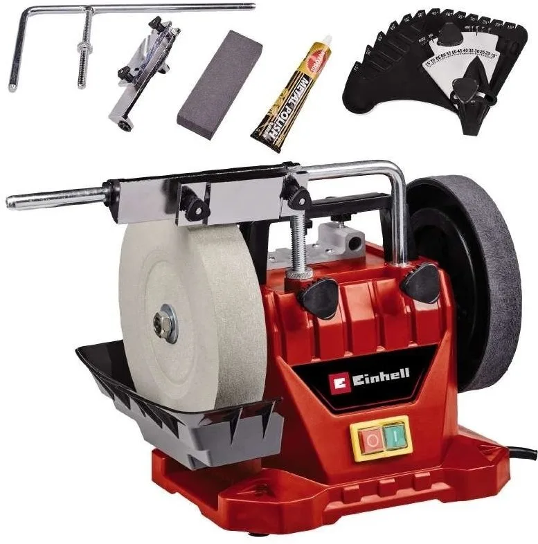 Станок для влажной заточки Einhell TC-WG 200, мощность 125Вт, диск 200х32мм, кожаный диск 180х30мм, 110 об/мин, вес 733кг