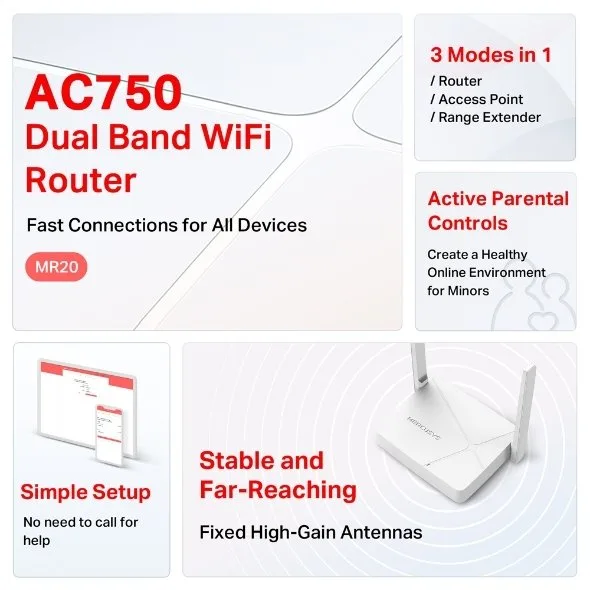 Маршрутизатор MERCUSYS MR20 AC750, 2xFE LAN, 1xFE WAN.