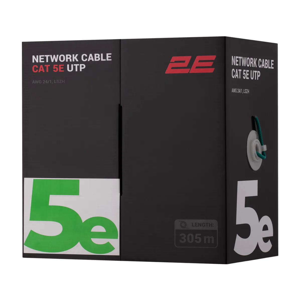 Кабель "витая пара" 2E CAT 5e, U-UTP, 305м, AWG 24/1, LSZH, зеленый.