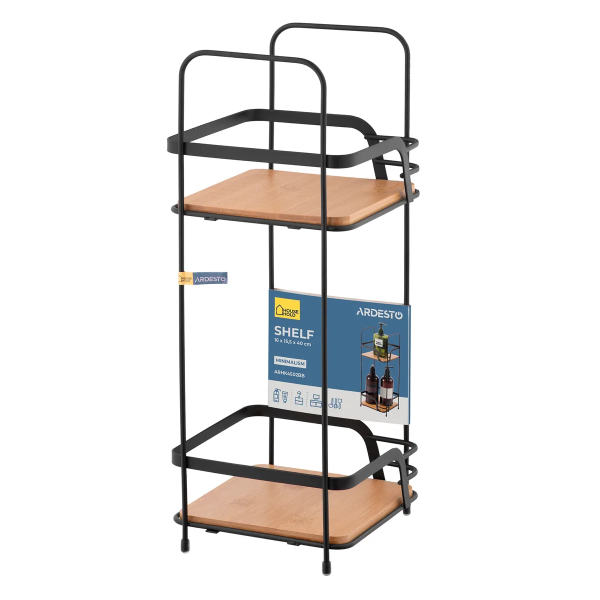 Полка ARDESTO Minimalism, двухъярусная, размеры 16х155х40 см, металлический каркас, бамуковые элементы, черного цвета
