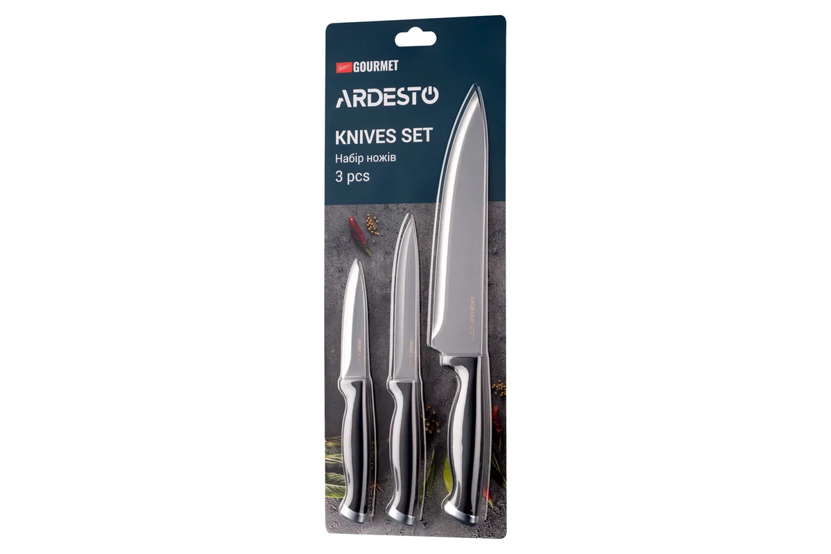 Набор кухонных ножей ARDESTO Gemini Gourmet, 3 шт., из нержавеющей стали и пластиковыми ручками, черного цвета.