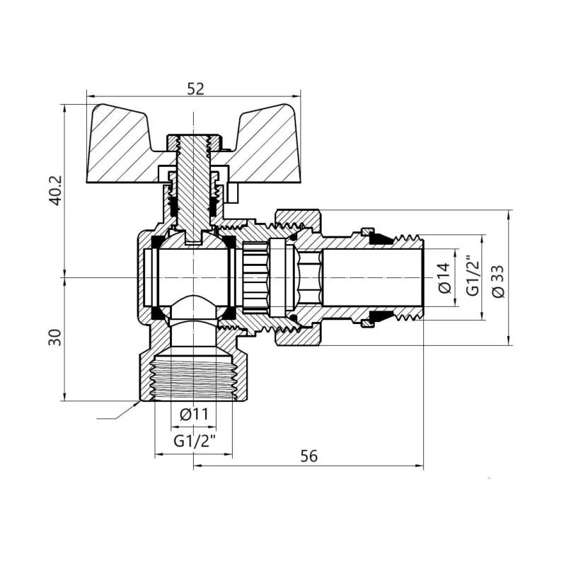 Кран кульовий кутовий 1/2" латунний з антипротіканням метелик CW617N